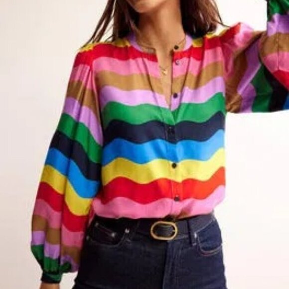 Boden Blouson Sleeve Blouse in Multicolor Rainbow Wave Colorful Loud Pride 2 - Picture 2 of 15